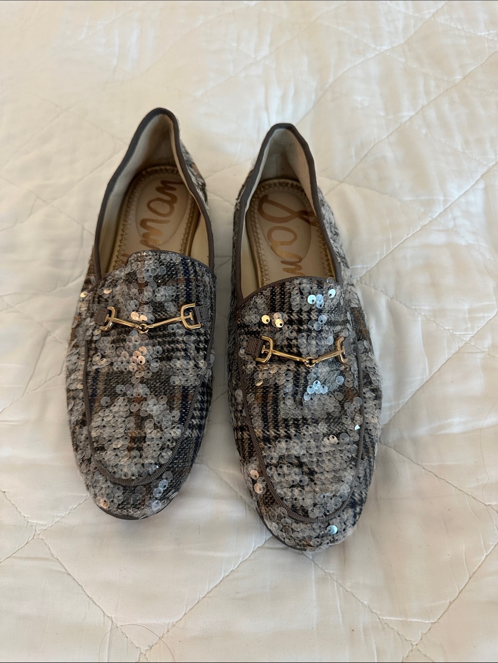Sam Edelman Sequined Plaid Loafers in Silver and Black